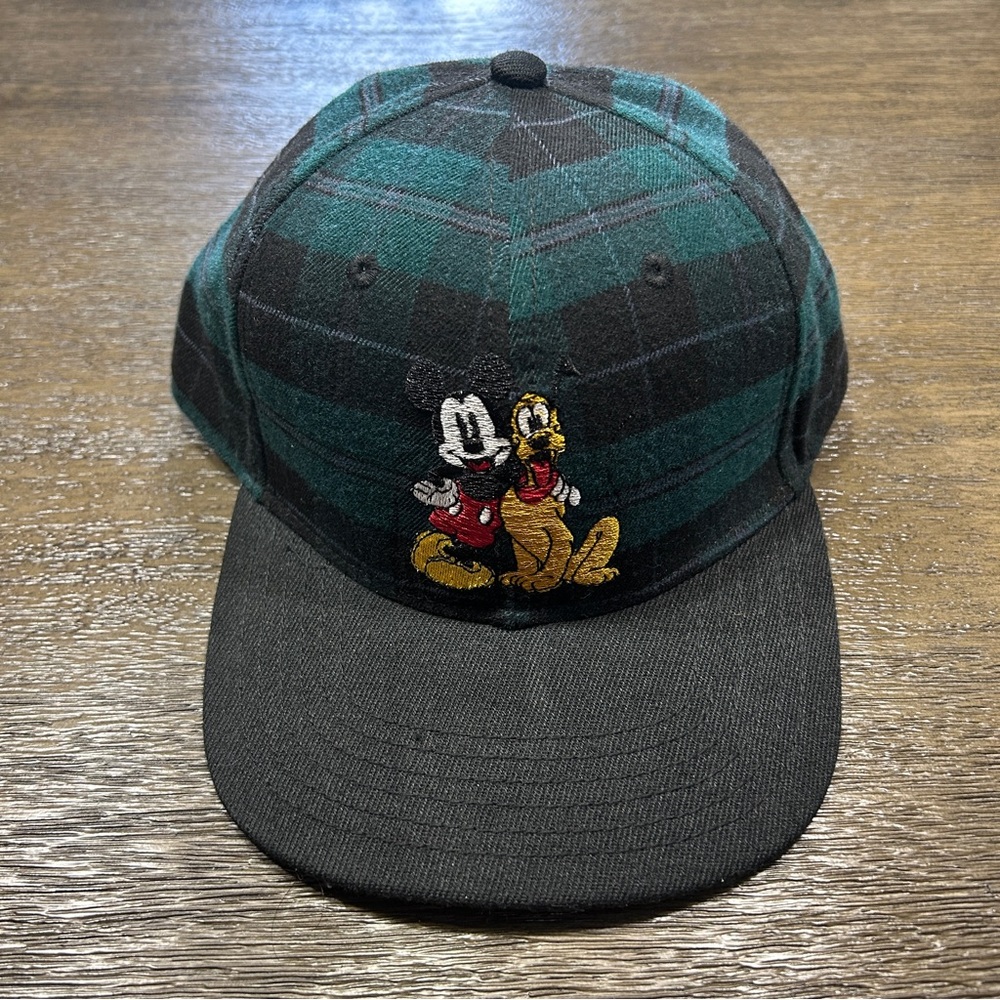 Disney Mickey Mouse & Pluto Snapback Hat Cap Plaid Green Black